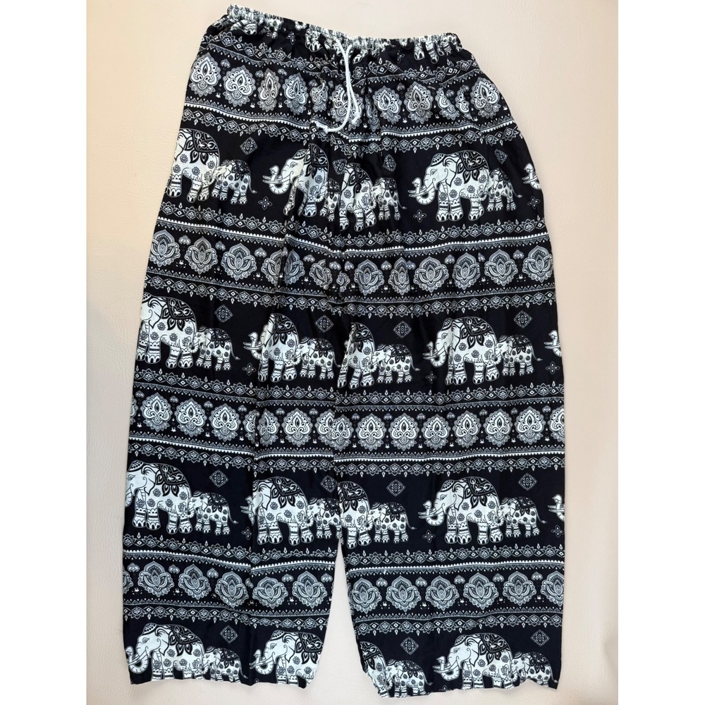 Boho Elephant Print Culotte Flowy Harem Pants Wide Leg Black White M/L Unbranded